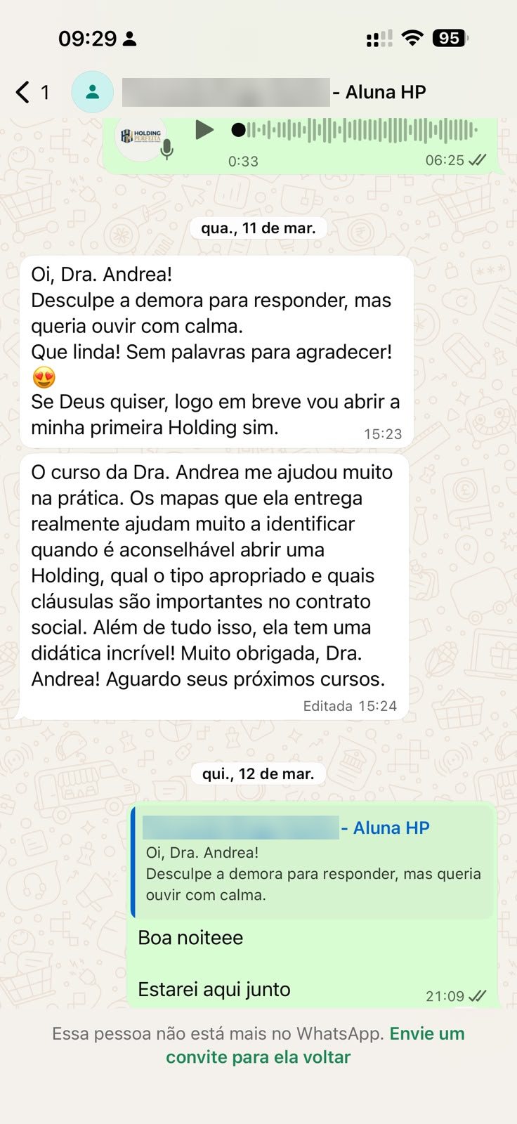 Conversa de WhatsApp: aluna diz que os mapas ajudam a identificar quando abrir uma holding, o tipo apropriado e as cláusulas do contrato social.